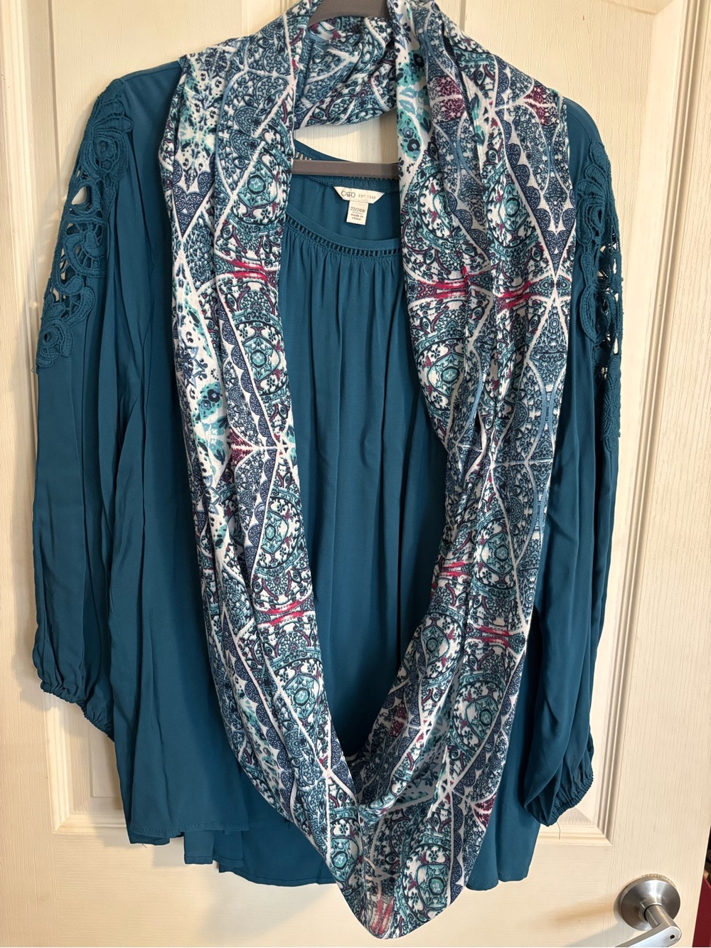 Cato Teal Boho Blouse with Patterned Infinity Scarf